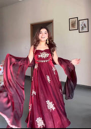 Maroon Embroidered Silk Anarkali Suit Set
