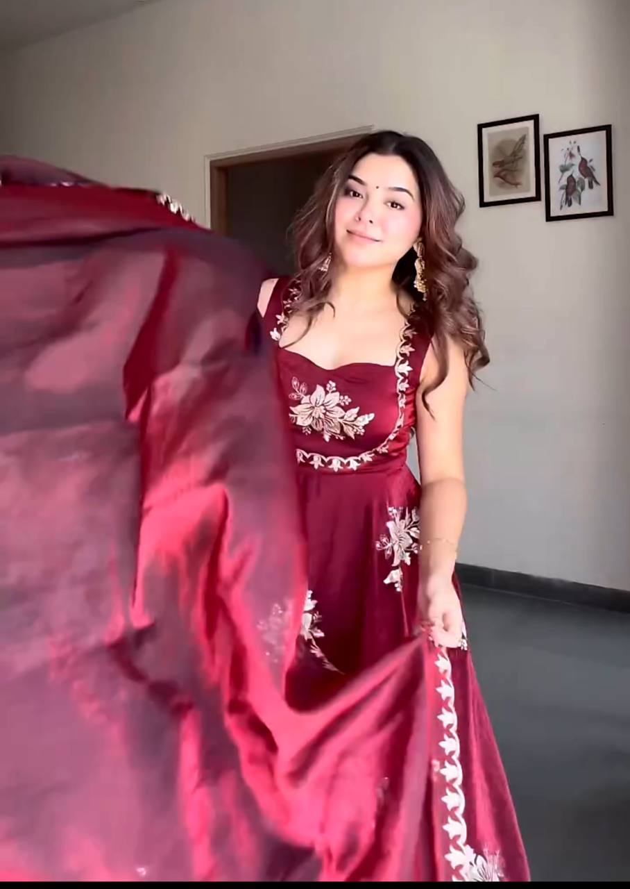 Maroon Embroidered Silk Anarkali Suit Set