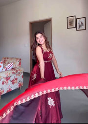 Maroon Embroidered Silk Anarkali Suit Set