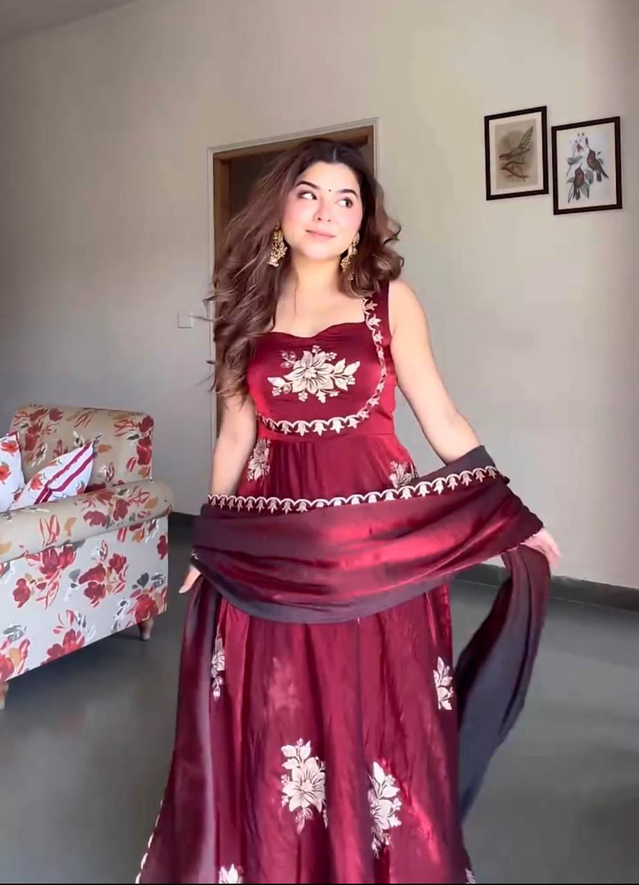 Maroon Embroidered Silk Anarkali Suit Set