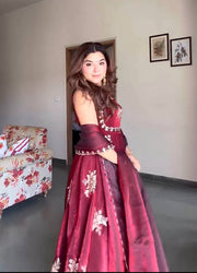 Maroon Embroidered Silk Anarkali Suit Set