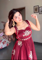 Maroon Embroidered Silk Anarkali Suit Set
