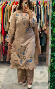 Elegant Beige Embroidered Suit with Net Dupatta