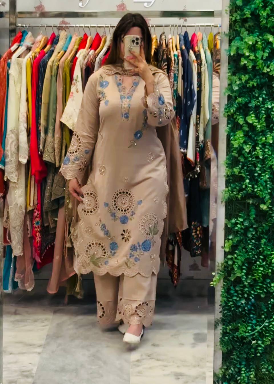 Elegant Beige Embroidered Suit with Net Dupatta
