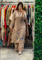 Elegant Beige Embroidered Suit with Net Dupatta