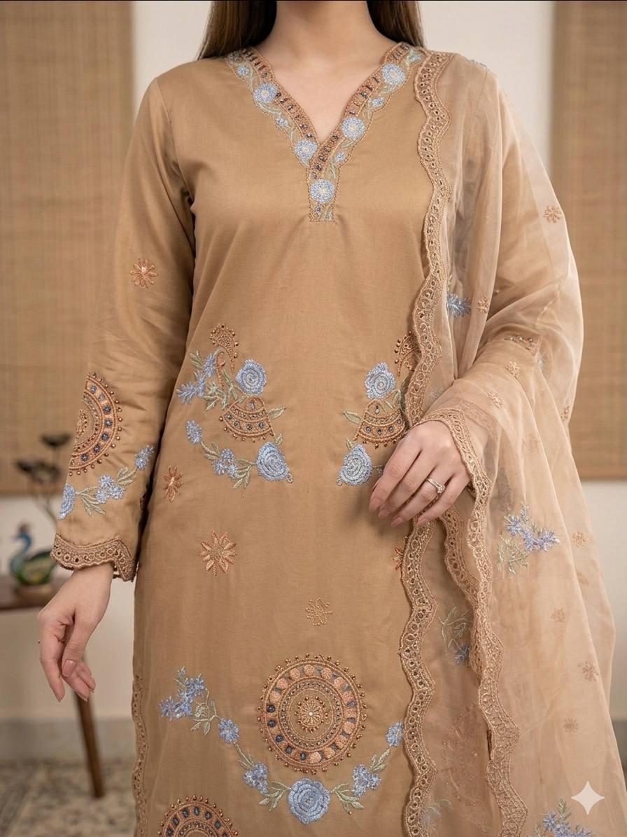 Elegant Beige Embroidered Suit with Net Dupatta