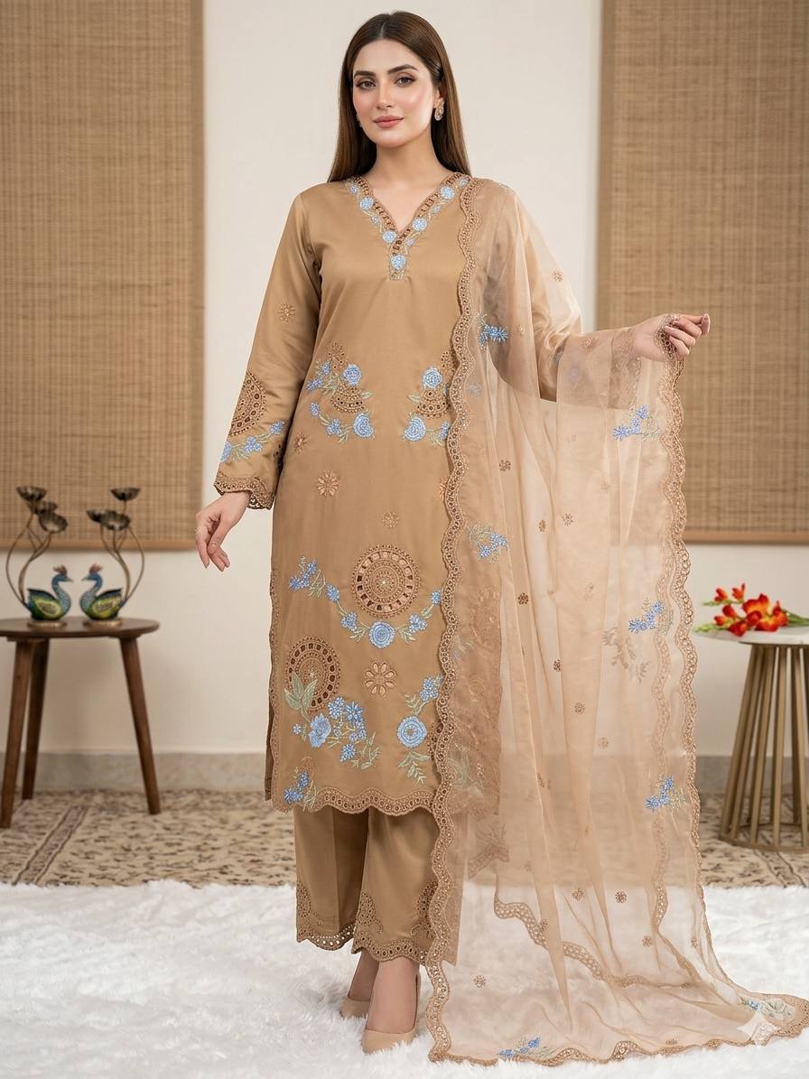 Elegant Beige Embroidered Suit with Net Dupatta