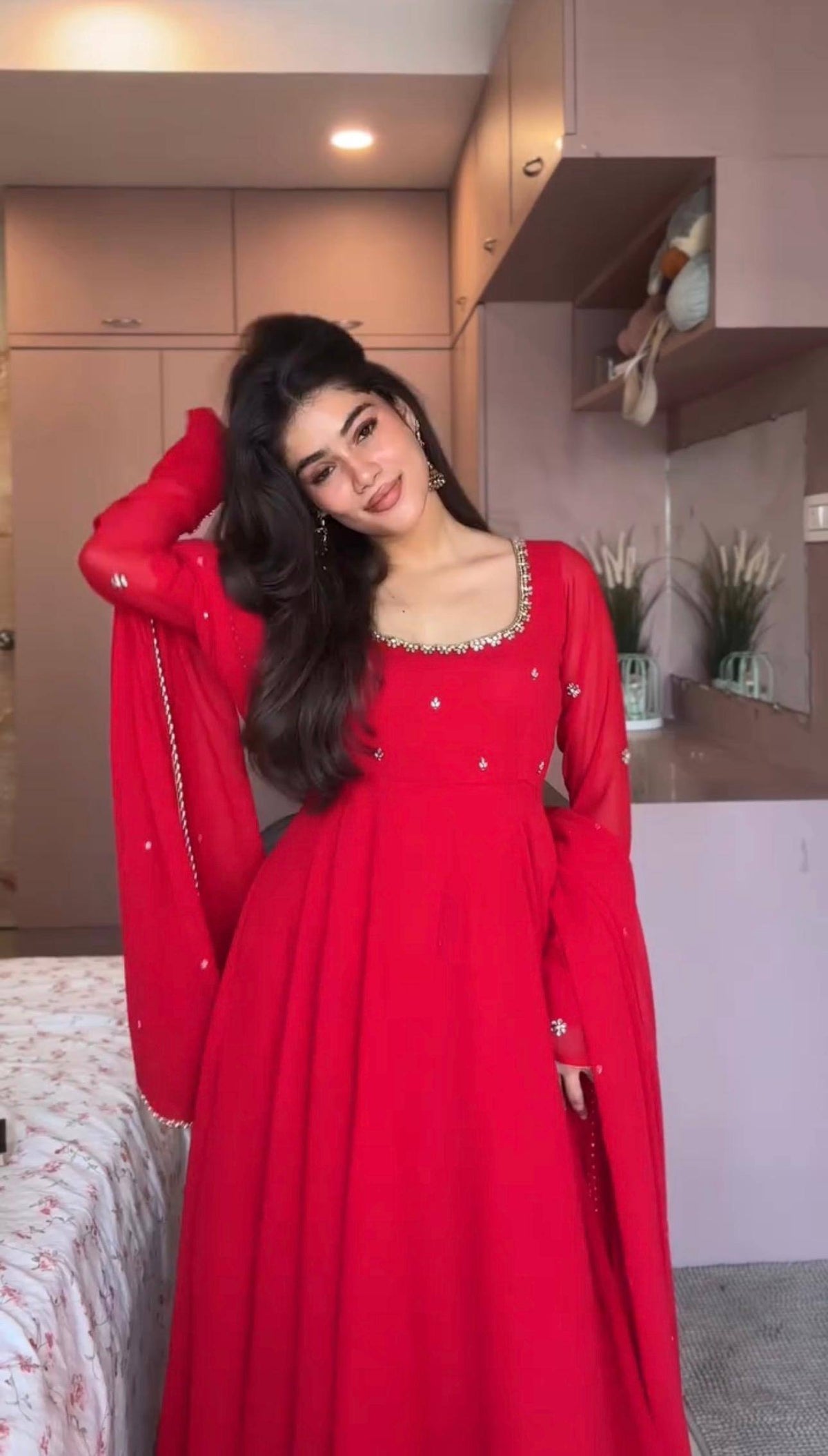 Elegant Red Embroidered Anarkali Suit Set