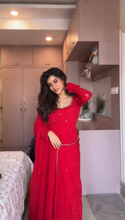 Elegant Red Embroidered Anarkali Suit Set