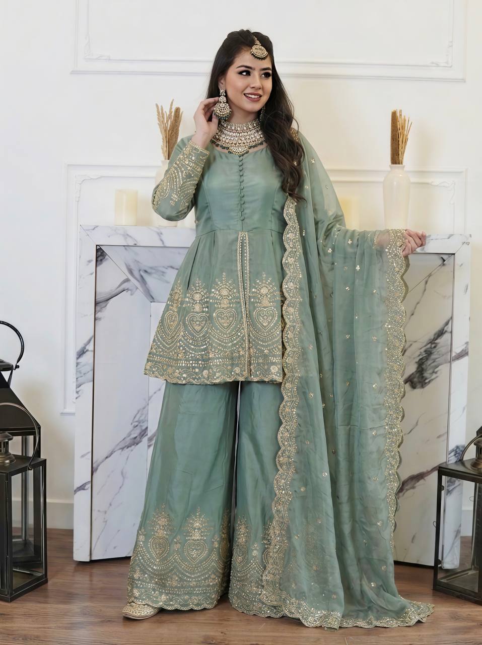Elegant Green Suit with Luxurious Gold Embroidery