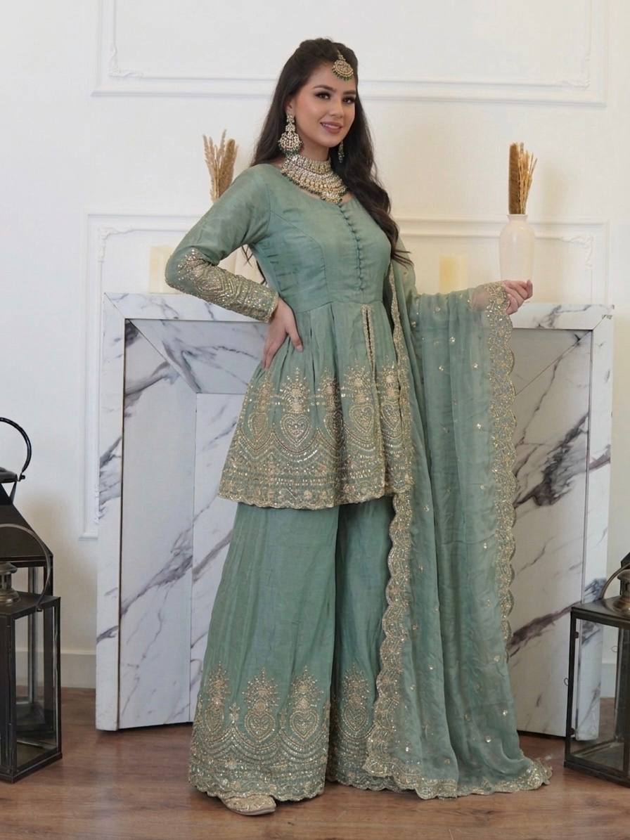 Elegant Green Suit with Luxurious Gold Embroidery