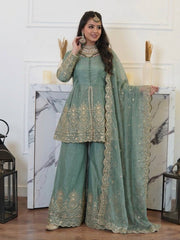 Elegant Green Suit with Luxurious Gold Embroidery
