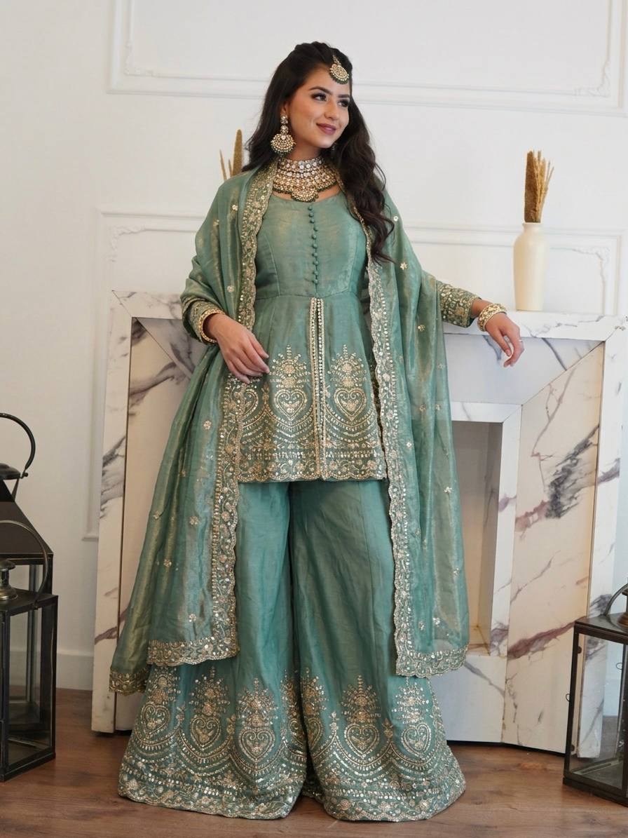 Elegant Green Suit with Luxurious Gold Embroidery