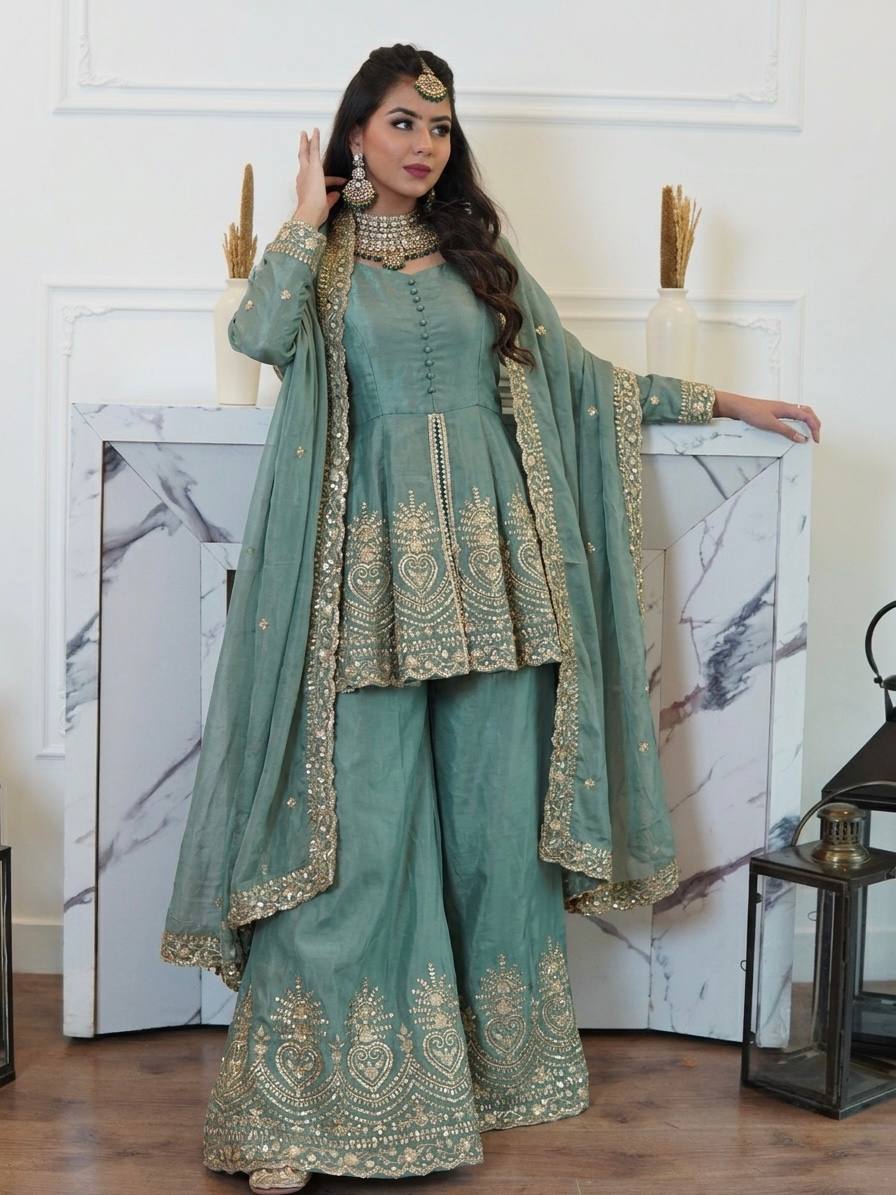 Elegant Green Suit with Luxurious Gold Embroidery