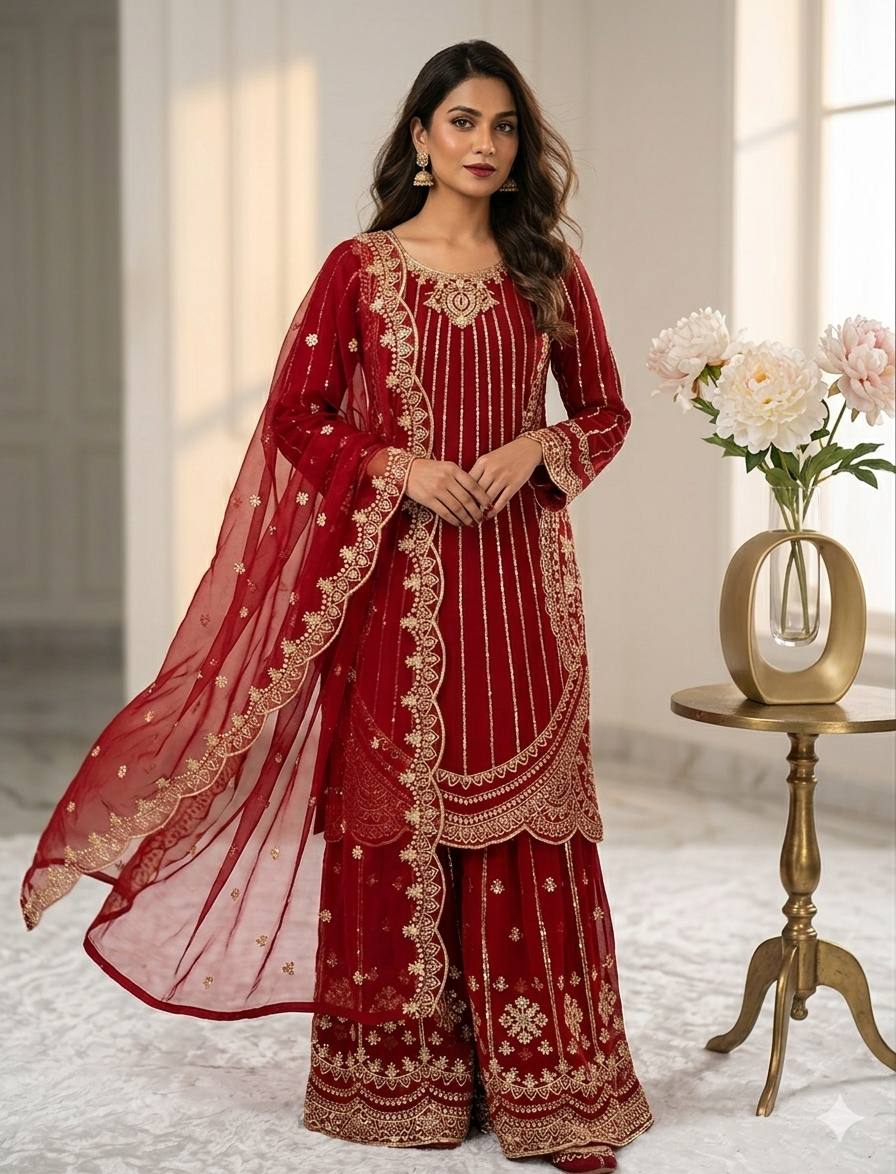 Graceful Georgette Outfit Adorned with Embroidery