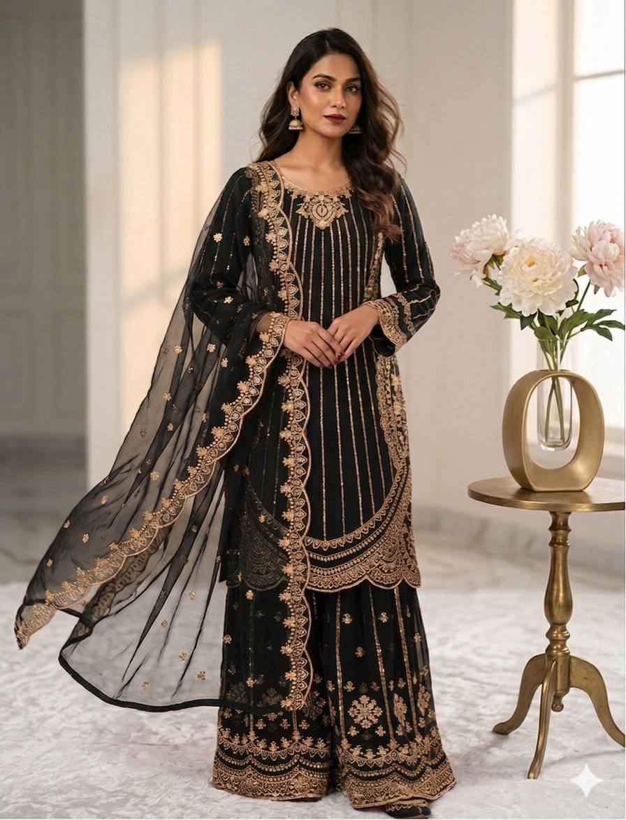 Graceful Georgette Outfit Adorned with Embroidery