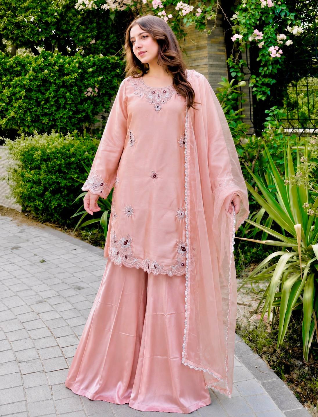 stylish Embroidered Ensemble with Graceful Dupa Accents