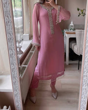 FANCY FAUX GEORGETTE REAL MOTI HAND WORK TOP AND PENT WITH DUPATTA