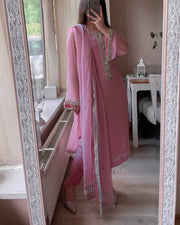 FANCY FAUX GEORGETTE REAL MOTI HAND WORK TOP AND PENT WITH DUPATTA