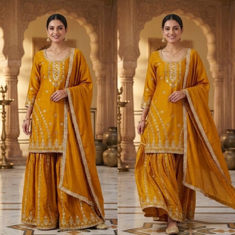 Luxurious Mustard Embroidered Silk Ensemble