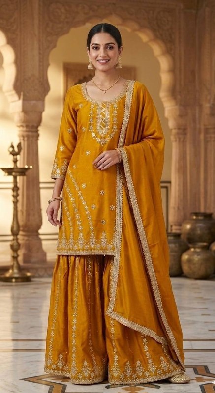 Luxurious Mustard Embroidered Silk Ensemble