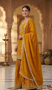 Luxurious Mustard Embroidered Silk Ensemble