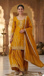 Luxurious Mustard Embroidered Silk Ensemble
