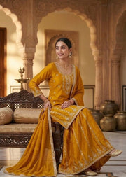 Luxurious Mustard Embroidered Silk Ensemble