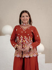 Embroidered rust floral tunic palazzo set.