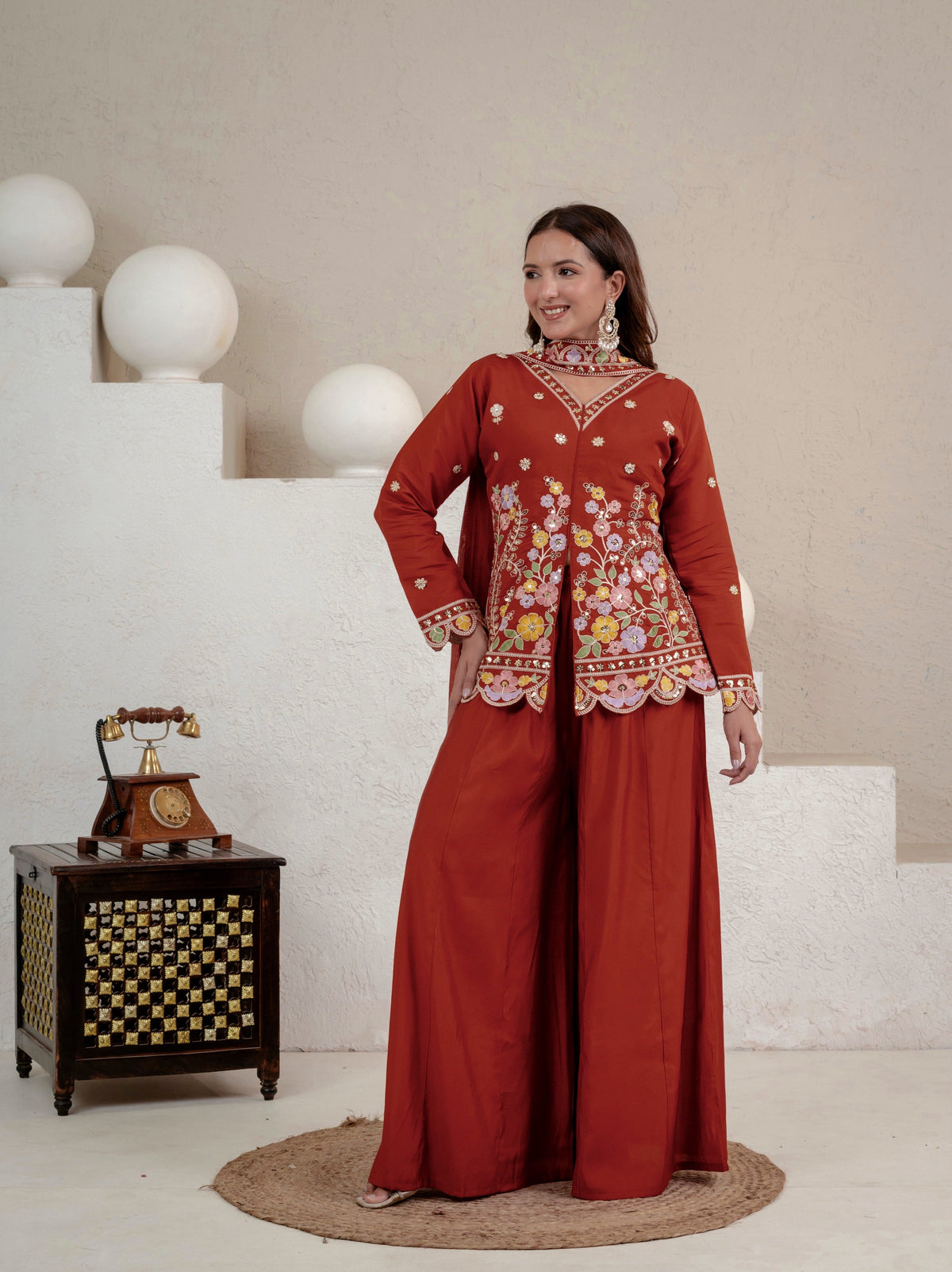 Embroidered rust floral tunic palazzo set.