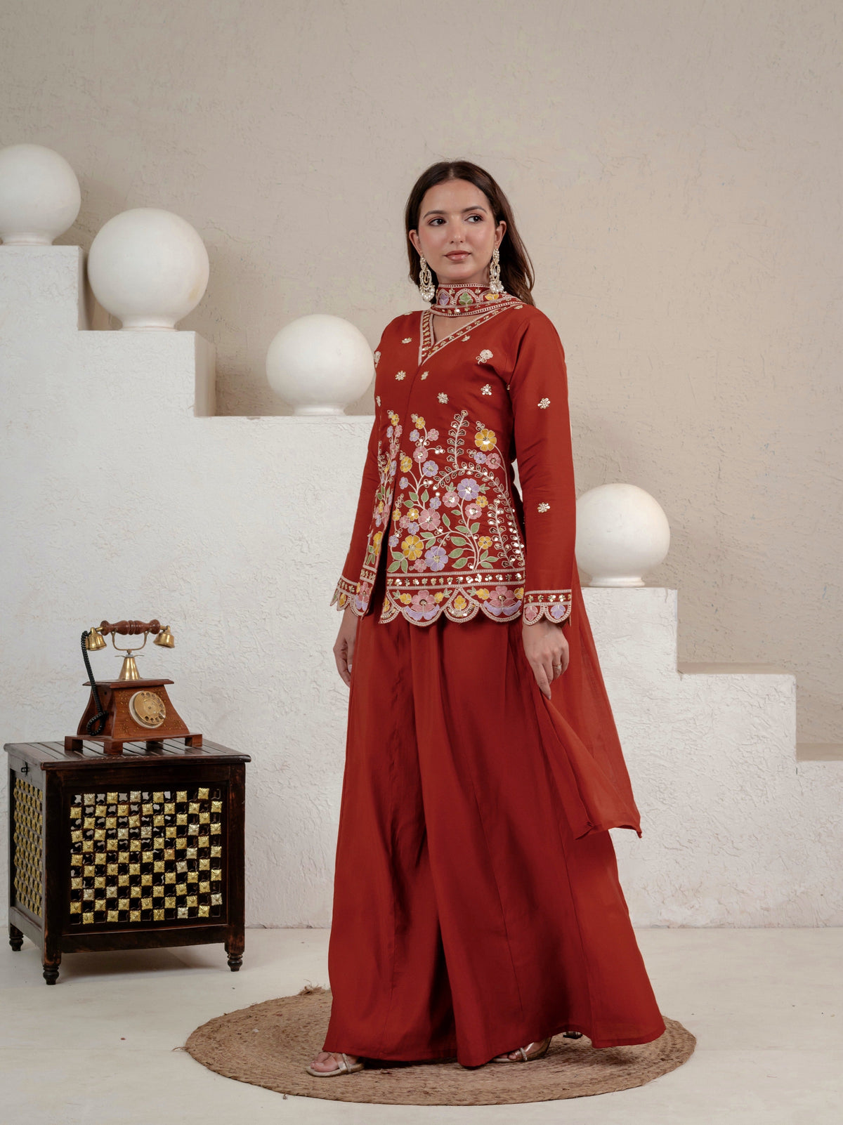 Embroidered rust floral tunic palazzo set.