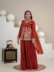 Embroidered rust floral tunic palazzo set.