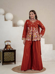 Embroidered rust floral tunic palazzo set.