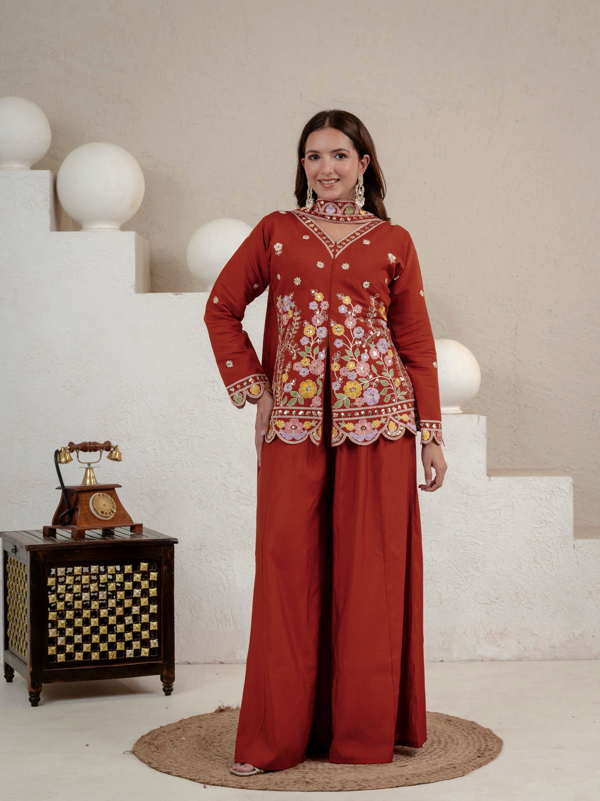 Embroidered rust floral tunic palazzo set.