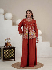 Embroidered rust floral tunic palazzo set.