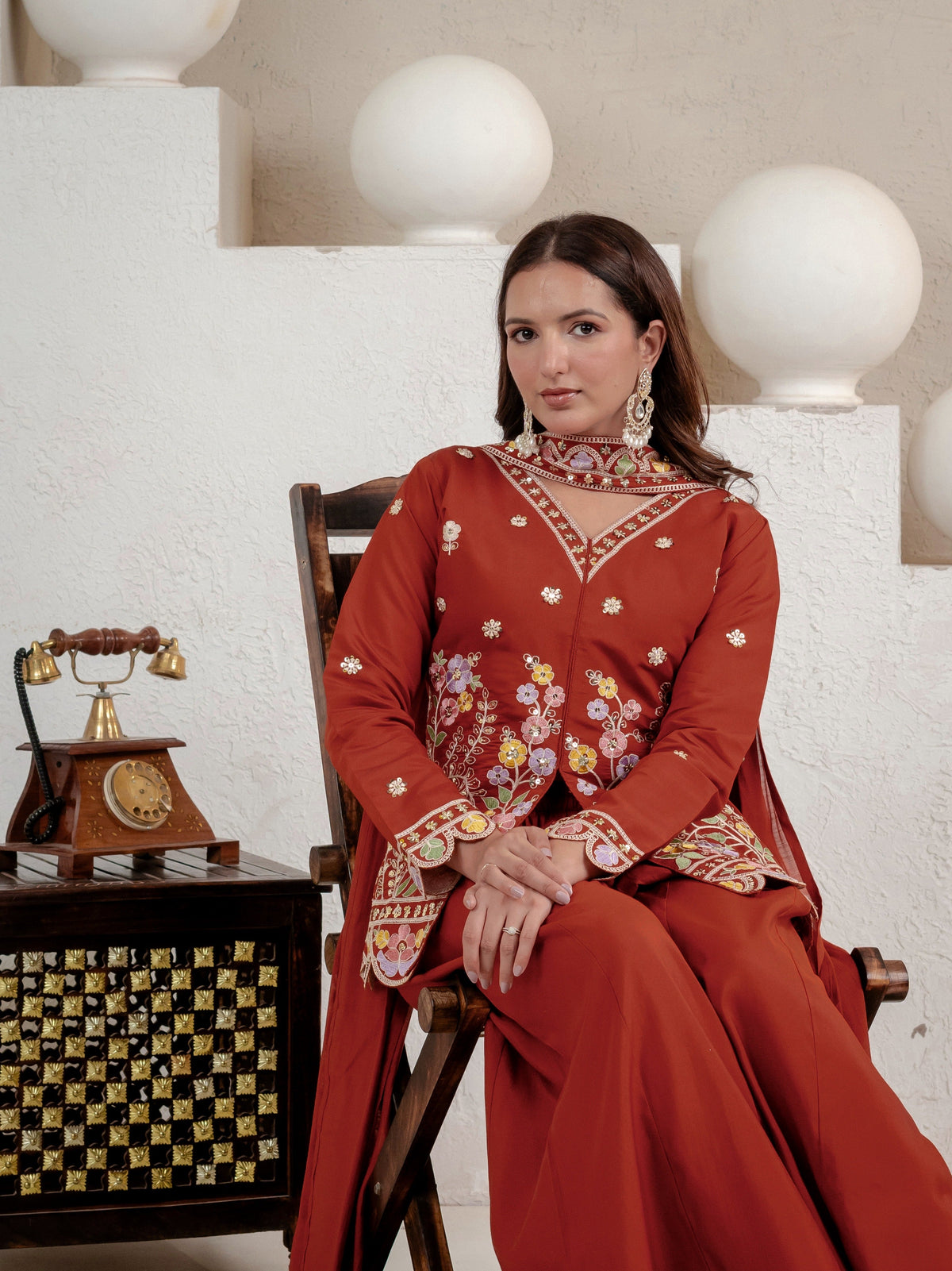 Embroidered rust floral tunic palazzo set.