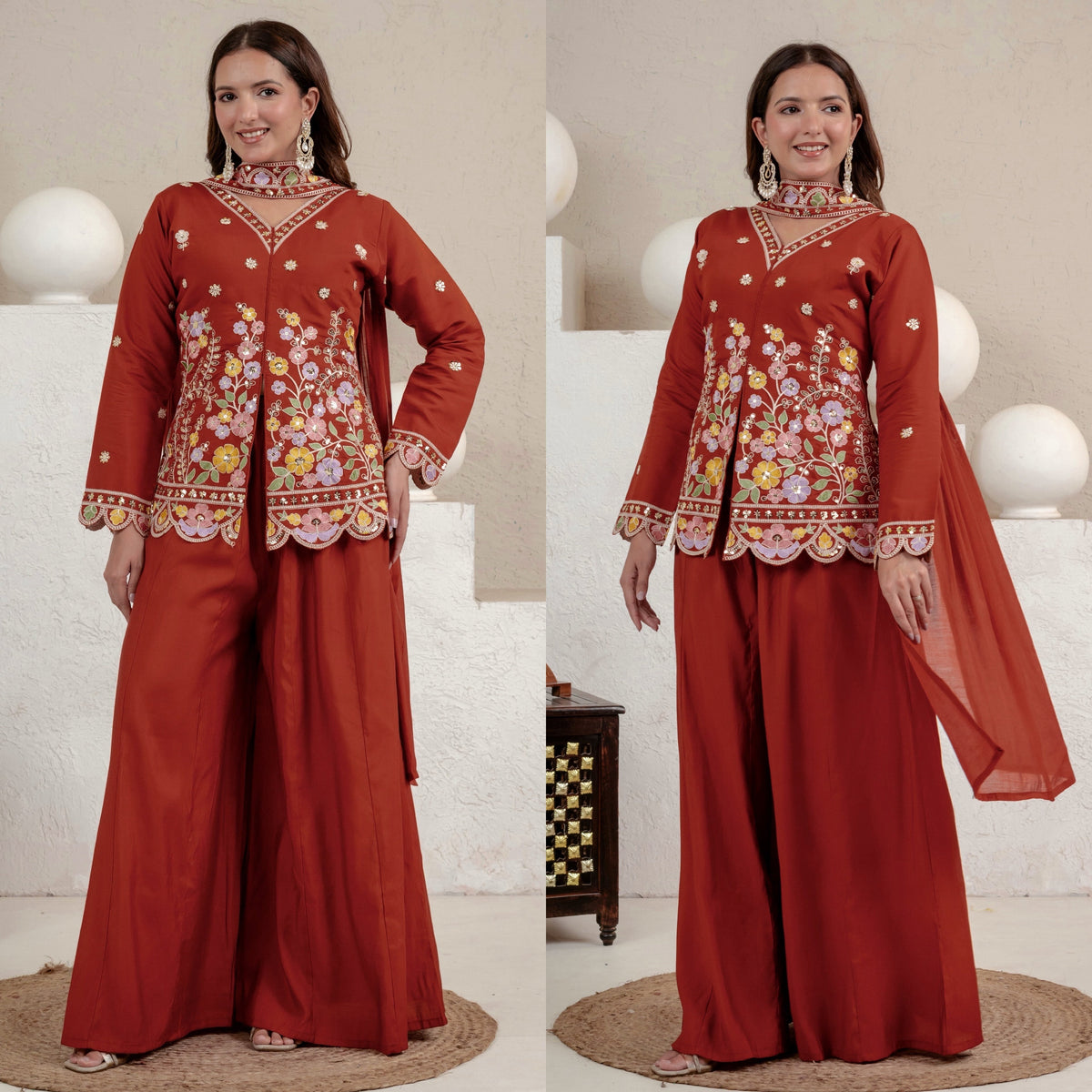 Embroidered rust floral tunic palazzo set.