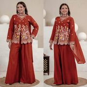 Embroidered rust floral tunic palazzo set.