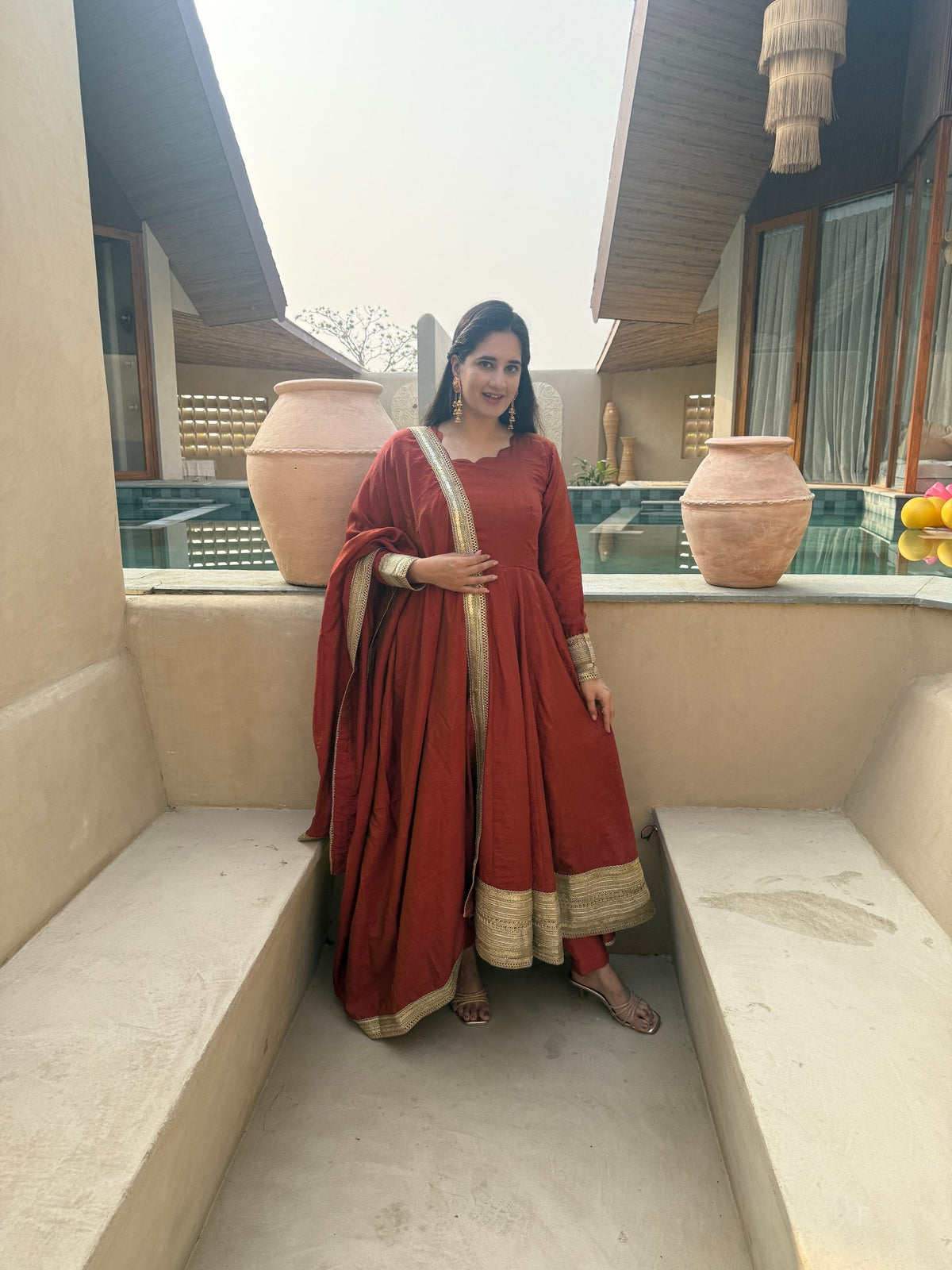 Rust Anarkali Suit with Gold Borders