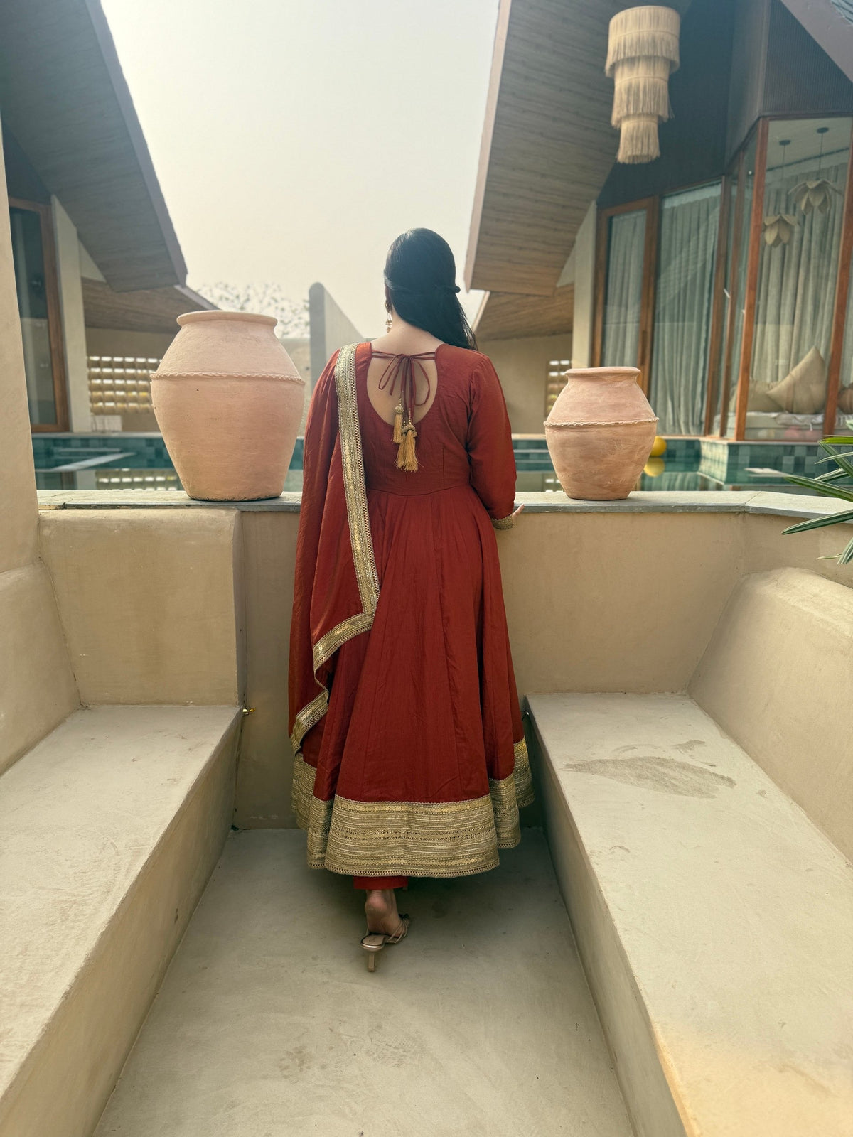 Rust Anarkali Suit with Gold Borders