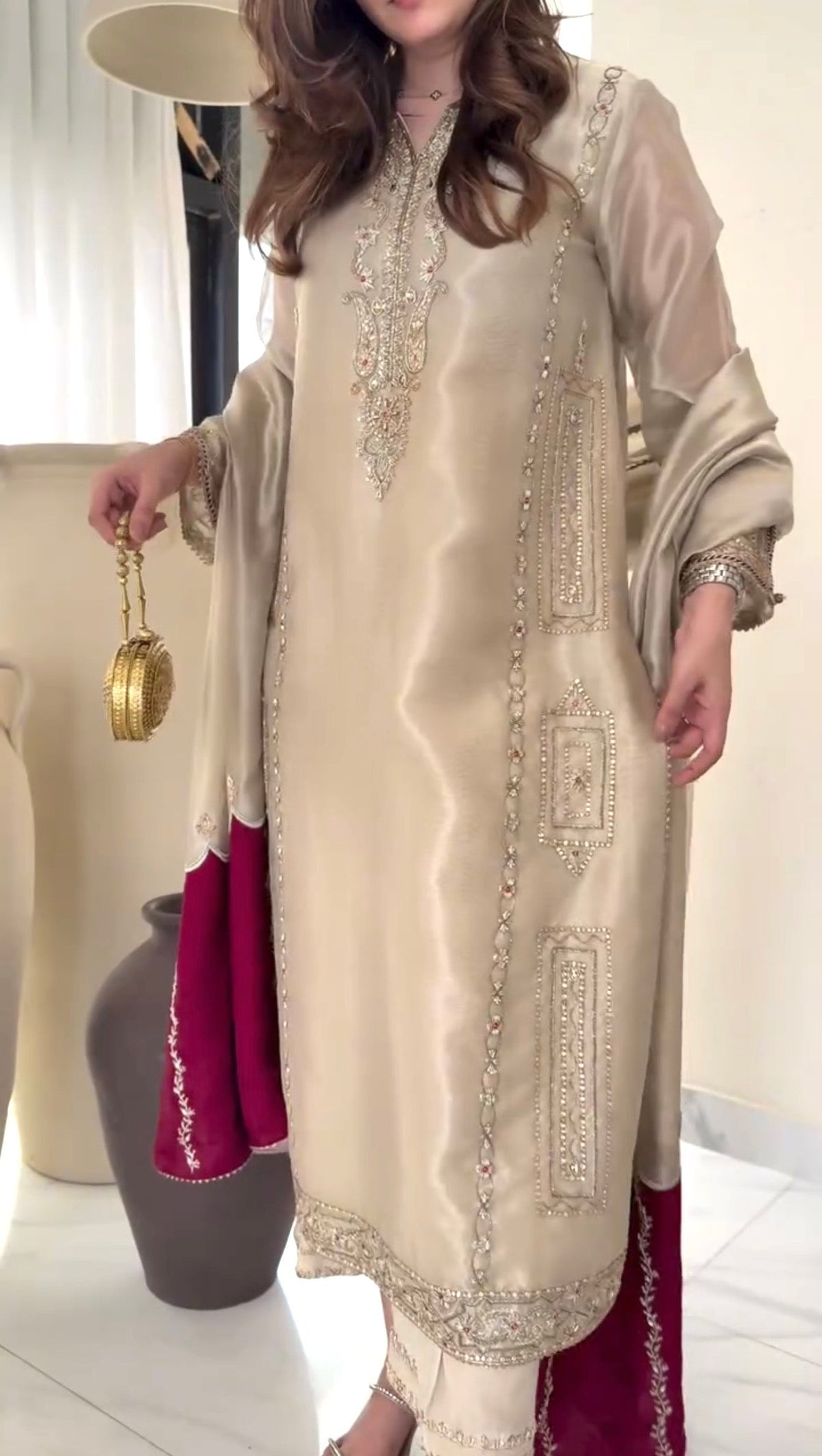 Champagne Silk Heritage Embroidered Royal Festive Couture Ensemble