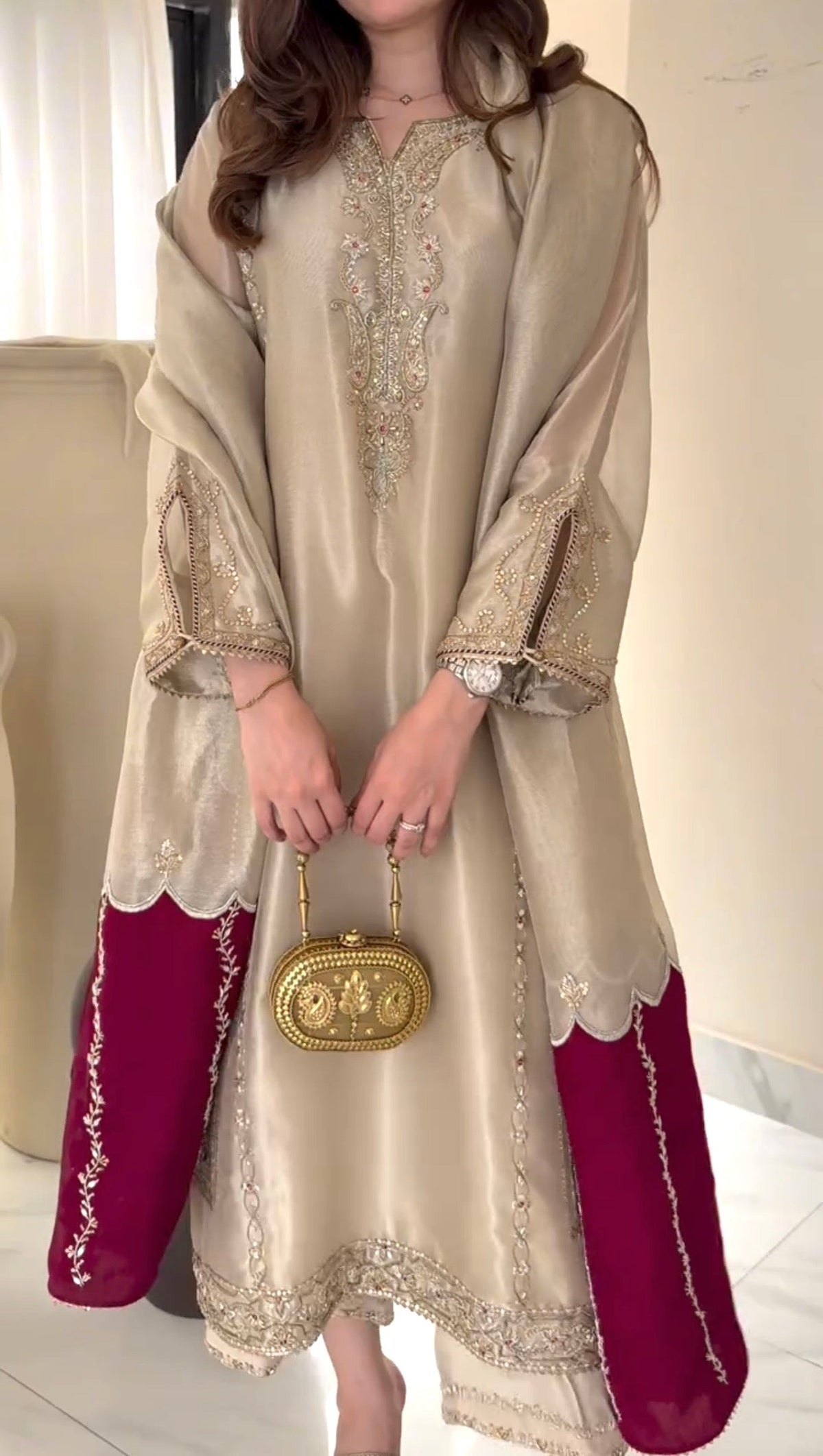 Champagne Silk Heritage Embroidered Royal Festive Couture Ensemble