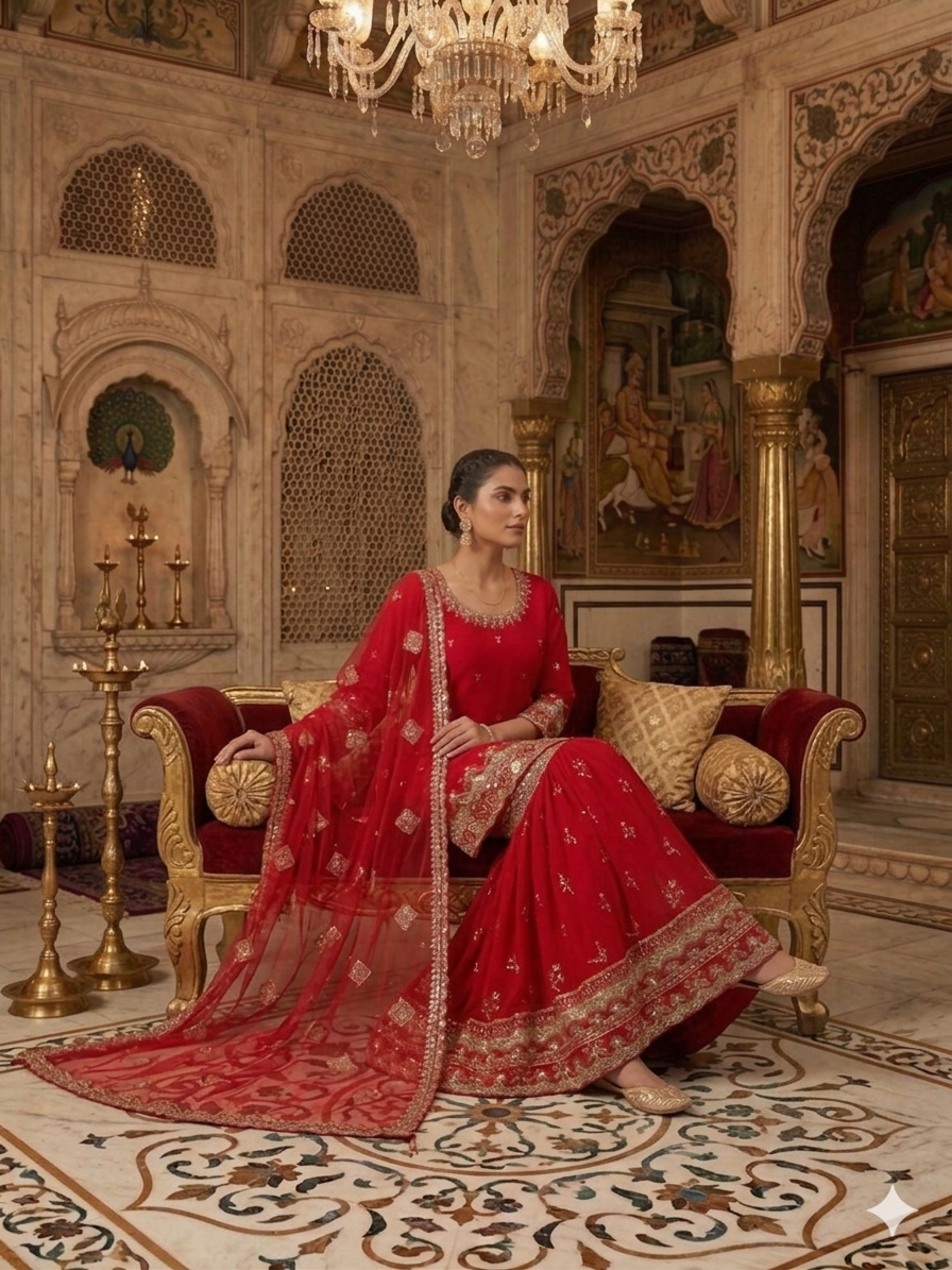 Elegant royal red embroidered sharara suit