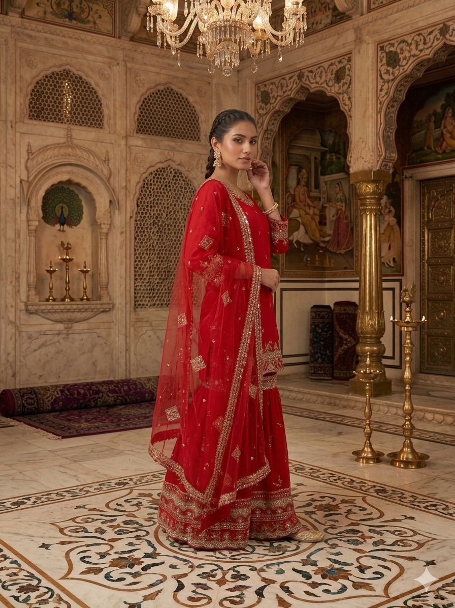 Elegant royal red embroidered sharara suit