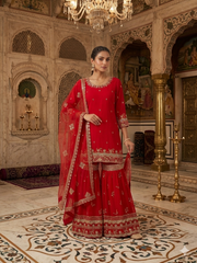 Elegant royal red embroidered sharara suit