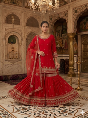 Elegant royal red embroidered sharara suit
