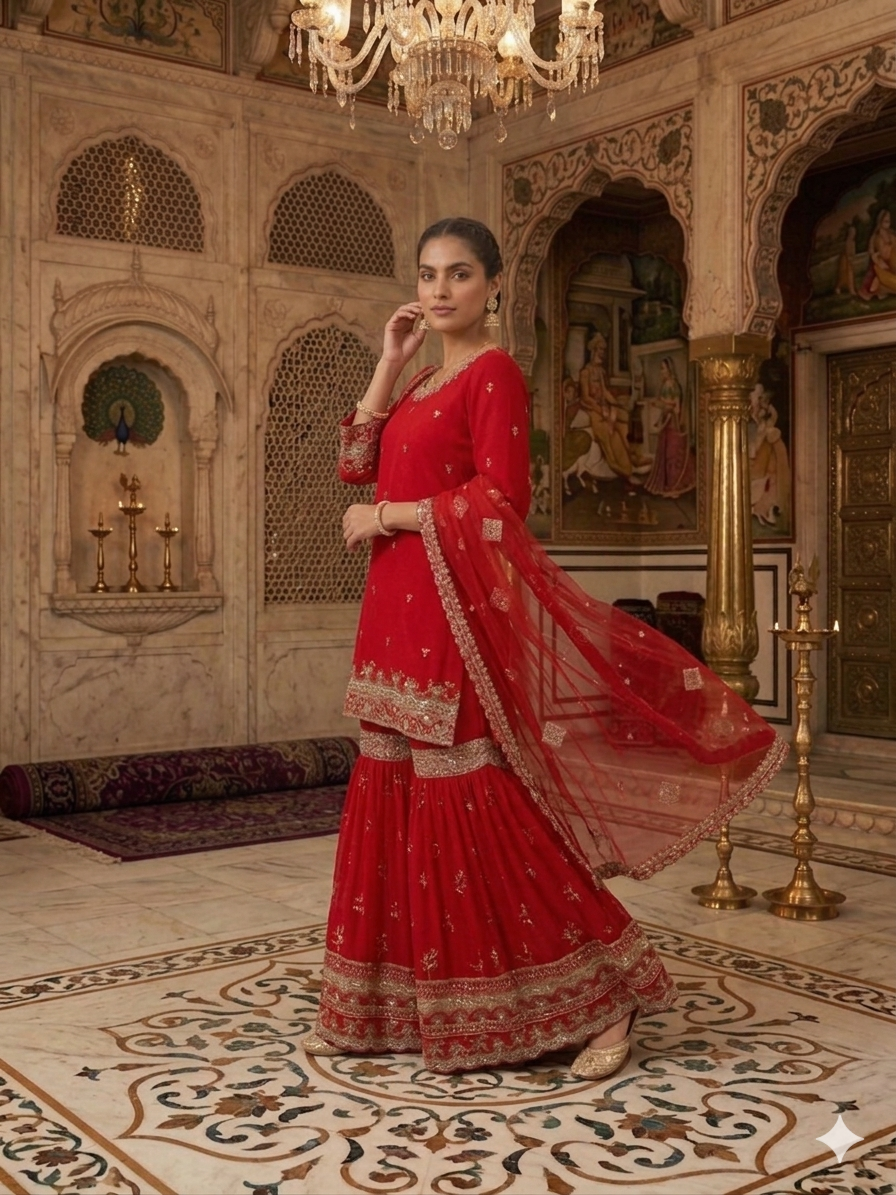 Elegant royal red embroidered sharara suit