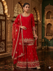 Elegant royal red embroidered sharara suit