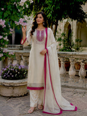 Elegant White and Pink Embroidered Suit Set