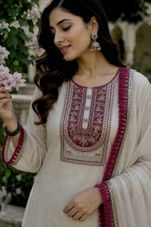 Elegant White and Pink Embroidered Suit Set